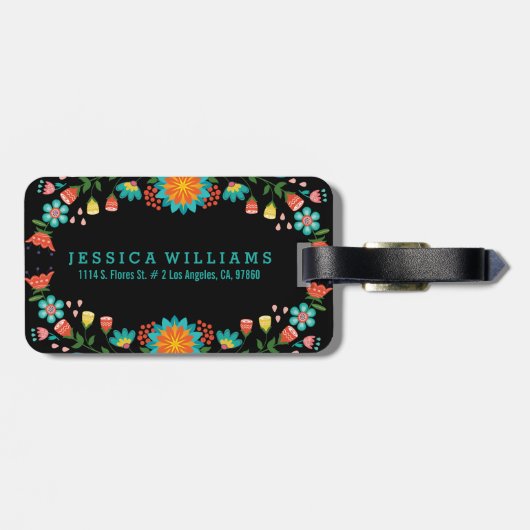 Farbenfrohe Blumenarbeit schwarzer Hintergrund Gepäckanhänger (Rückseite horizontal)