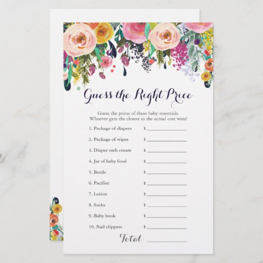 Farbenfrohe Blumendusche Preis Richtige Spielkarte (Vorne/Hinten)