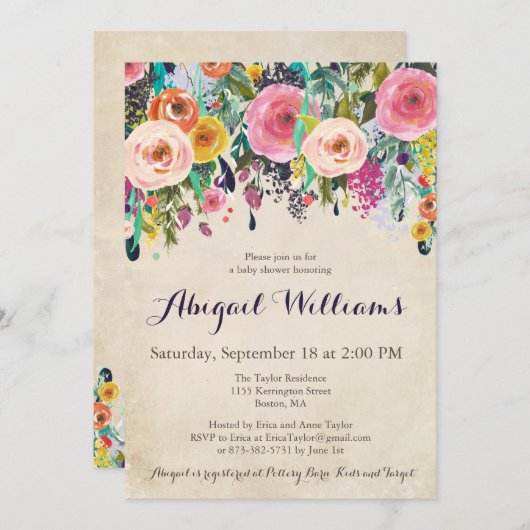 Farbenfrohe Blumendusche, Vintage Einladung (Vorne/Hinten)