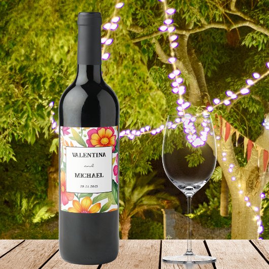 farbenfrohe Blumenfiesta mexikanische Hochzeit Weinetikett