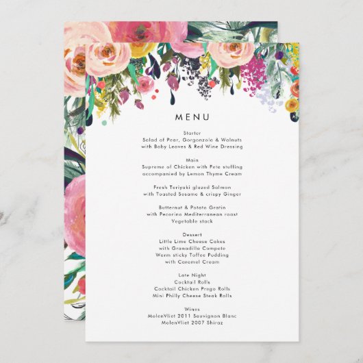Farbenfrohe Blumengarten Hochzeitsmenü Menükarte (Vorne/Hinten)
