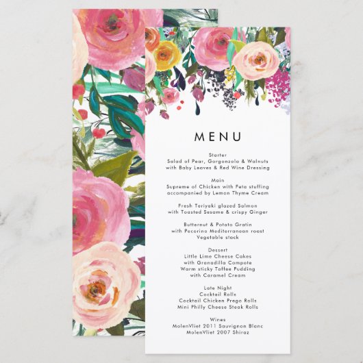 Farbenfrohe Blumengarten Hochzeitsmenü Menükarte (Vorne/Hinten)