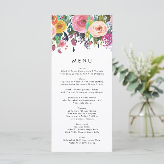 Farbenfrohe Blumengarten Hochzeitsmenü Menükarte (Stehend Vorderseite)