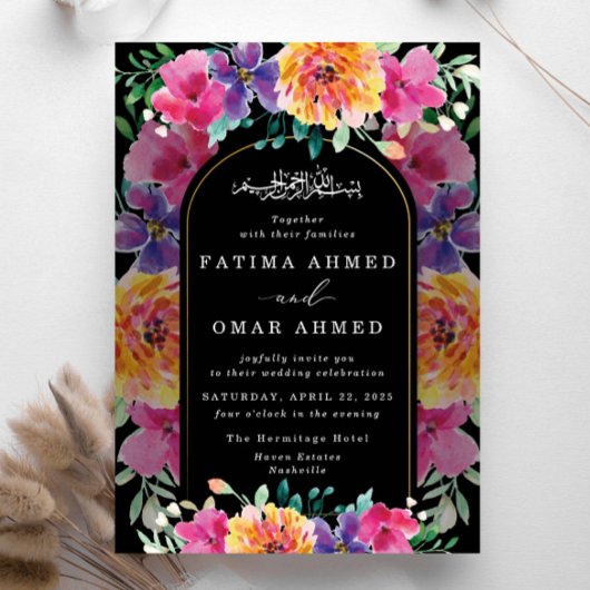 Farbenfrohe Blumengarten Islamische Hochzeit Einladung