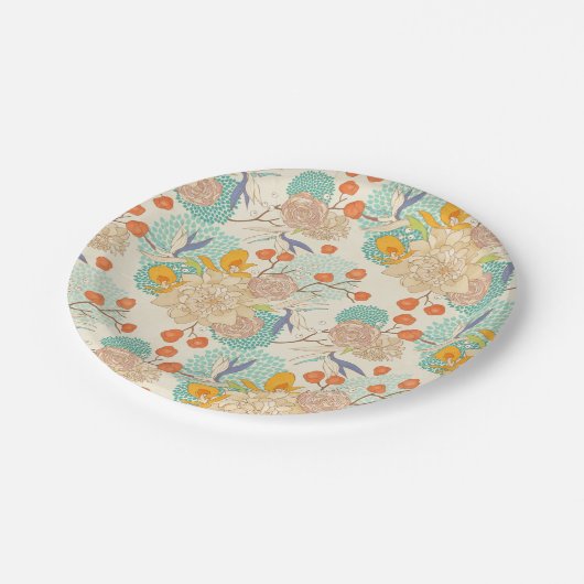 Farbenfrohe Blumengartenmuster Pappteller (Schrägansicht)