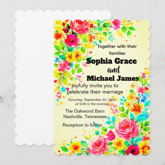 Farbenfrohe blumengeschichtliche Einladung | Aquar (Vorne/Hinten)