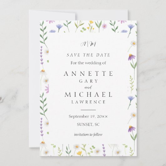 Farbenfrohe, blumengeschmückte Save the Date (Vorderseite)