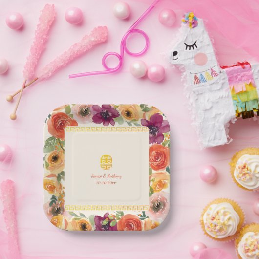 Farbenfrohe Blumengestelle Beige Chinesische Hochz Pappteller (Party)