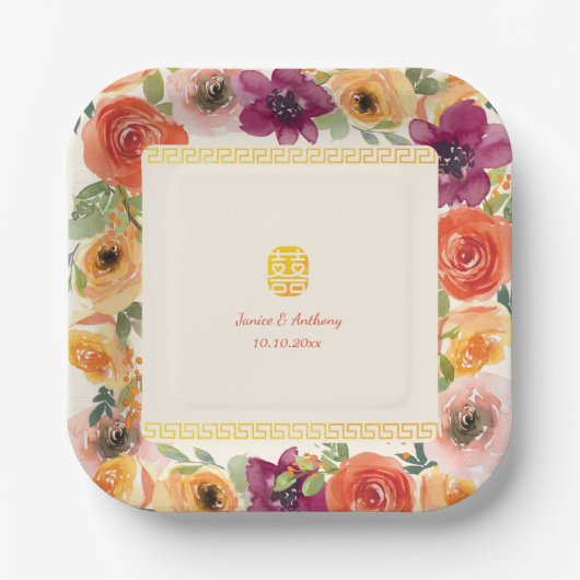 Farbenfrohe Blumengestelle Beige Chinesische Hochz Pappteller (Vorderseite)