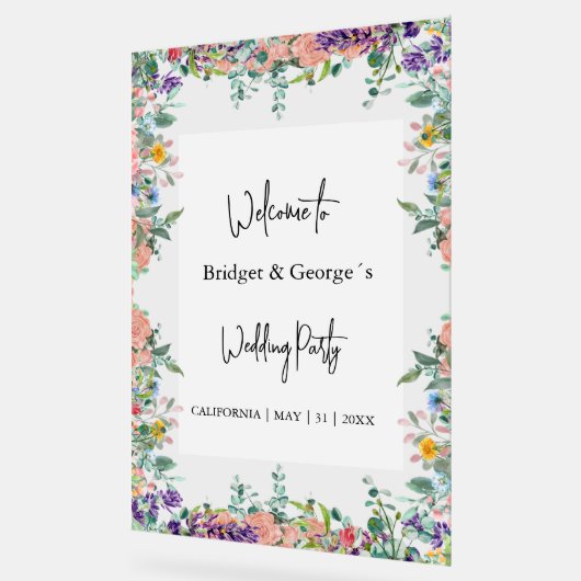 Farbenfrohe Blumengrün Mattierte Hochzeit Willkomm Acrylschild (Winkel)