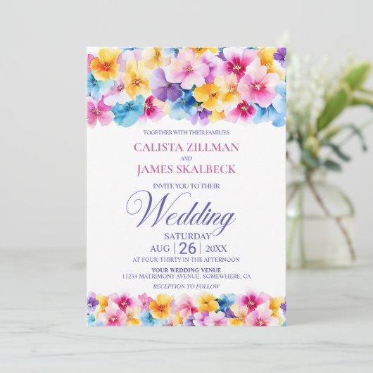 farbenfrohe Blumenhochzeit Einladung (Stehend Vorderseite)