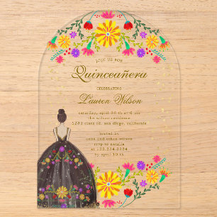 Farbenfrohe Blumenkleid Quinceanera-Einladung Acryleinladungen