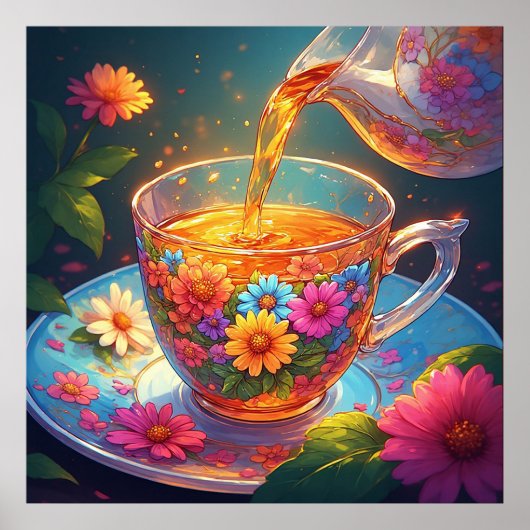 Farbenfrohe Blumenkost mit Kräutertee Poster (Vorne)