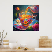 Farbenfrohe Blumenkost mit Kräutertee Poster (Küche)