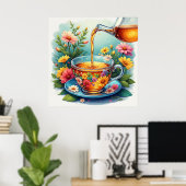 Farbenfrohe Blumenkost mit Kräutertee Poster (Heimbüro)