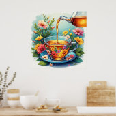 Farbenfrohe Blumenkost mit Kräutertee Poster (Küche)