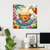 Farbenfrohe Blumenkost mit Kräutertee Poster (Heimbüro)