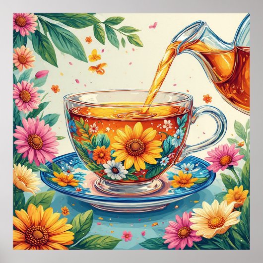 Farbenfrohe Blumenkost mit Kräutertee Poster (Vorne)