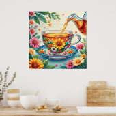 Farbenfrohe Blumenkost mit Kräutertee Poster (Küche)