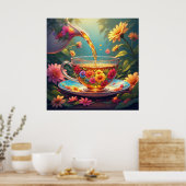 Farbenfrohe Blumenkost mit Kräutertee Poster (Küche)