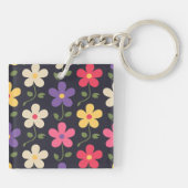 Farbenfrohe Blumenmuster auf dunklem Hintergrund Schlüsselanhänger (Rückseite)