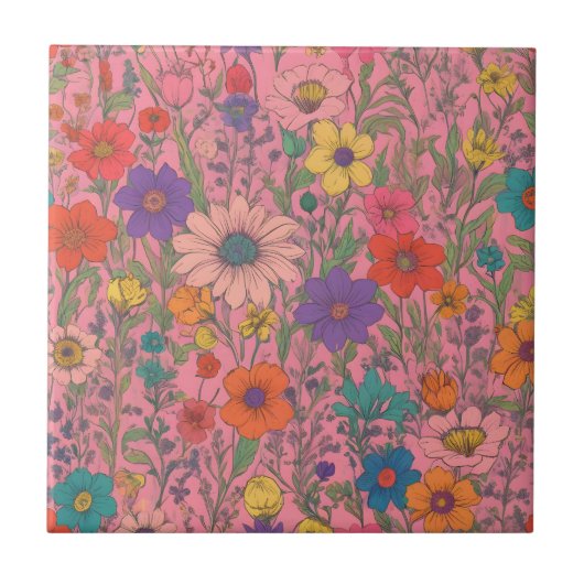 Farbenfrohe Blumenmuster auf rosa Fliese (Vorderseite)