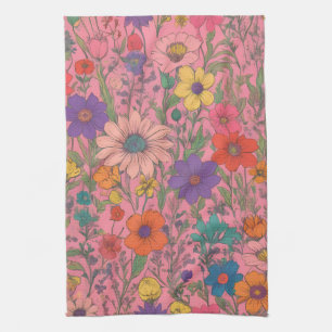 Farbenfrohe Blumenmuster auf rosa Geschirrtuch
