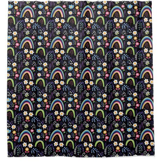 Farbenfrohe Blumenmuster mit Regenbogen und Bäumen Duschvorhang (Vorderseite)