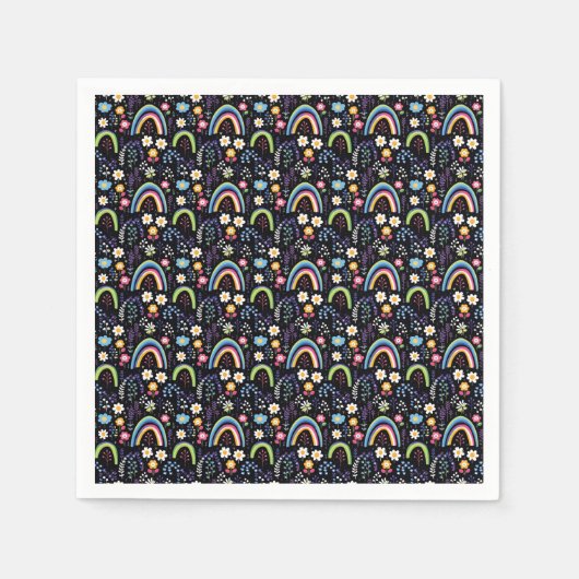 Farbenfrohe Blumenmuster mit Regenbogen und Bäumen Serviette (Vorderseite)