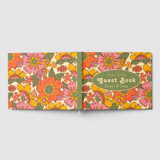 Farbenfrohe Blumenmuster Retro Boho 70er Wedding Gästebuch (Voll)