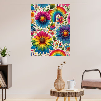 Farbenfrohe Blumenpower-Botanik der 60er Jahre Poster