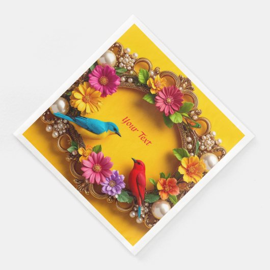 Farbenfrohe Blumenrahmen mit lebhaften Vögeln Serviette (Ecke)