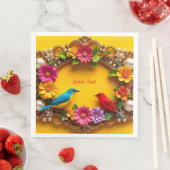 Farbenfrohe Blumenrahmen mit lebhaften Vögeln Serviette (Beispiel)