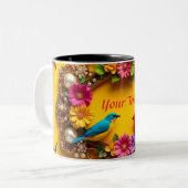Farbenfrohe Blumenrahmen mit lebhaften Vögeln Zweifarbige Tasse (Vorderseite Links)