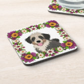 Farbenfrohe Blumenrahmen mit Niedlicher Hundelabbi Getränkeuntersetzer (Linke Seite)