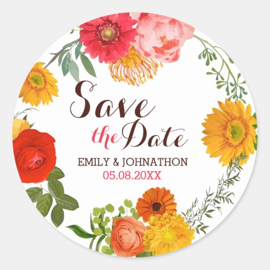Farbenfrohe Blumenreste Save the Date Runder Aufkleber (Vorderseite)