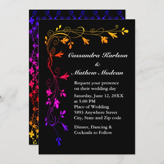 Farbenfrohe Blumenrinde auf Schwarzer Background H Einladung (Vorne/Hinten)