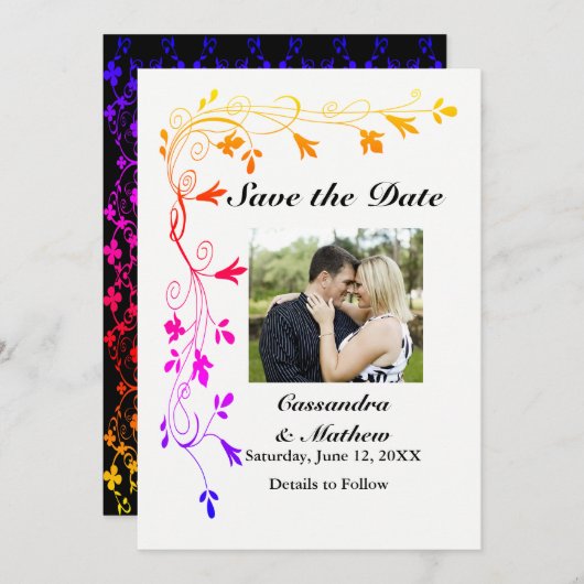 Farbenfrohe Blumenrinder mit Foto Rett Date Card Save The Date (Vorne/Hinten)