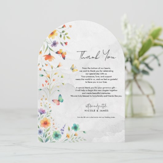 Farbenfrohe Blumenschmetterlinge Vielen Dank Einladung (Stehend Vorderseite)