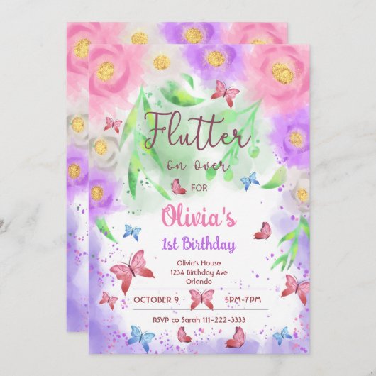 Farbenfrohe Blumenschmetterlinge zum Geburtstag Ei Einladung (Vorne/Hinten)