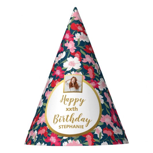 Farbenfrohe Blumenschrift Custom Foto Happy Birthd Partyhütchen (Vorderseite)
