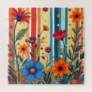 Farbenfrohe Blumenstreifen Regenbogen Design Puzzle