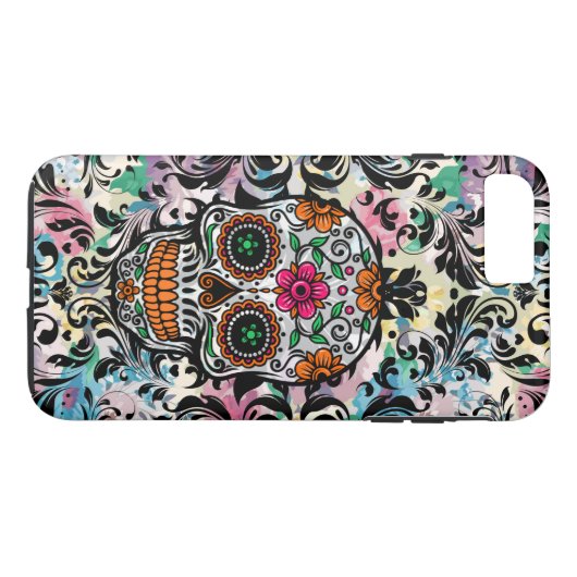 Farbenfrohe Blumenzuckerschale und schwarze Wirbel Case-Mate iPhone Hülle (Rückseite (Horizontal))