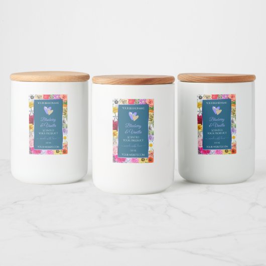 Farbenfrohe Blumenzwiebelmarken im blauen Ozean hö Lebensmitteletikett (Flaschen)