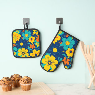 Farbenfrohe, blutdrucksenkende Blume im Dopamin-St Ofenhandschuh & Topflappen-Set