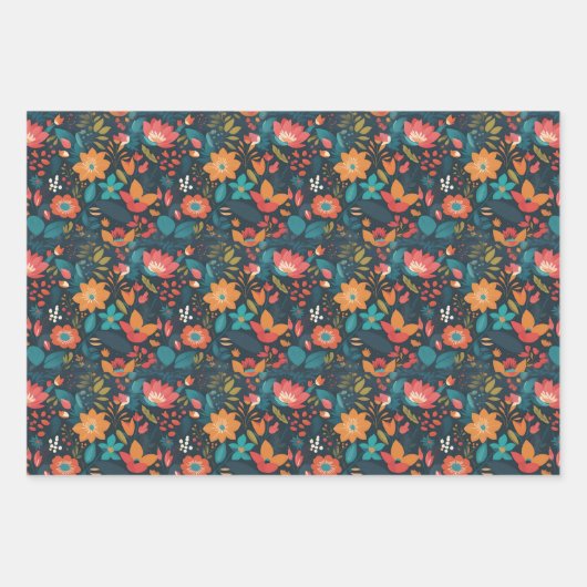 Farbenfrohe Blüte auf schwarzem Set von drei versc Geschenkpapier Set (Vorderseite)