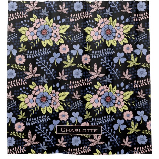 Farbenfrohe Blüte Blumenmuster nahtlos mit Namen Duschvorhang (Vorderseite)