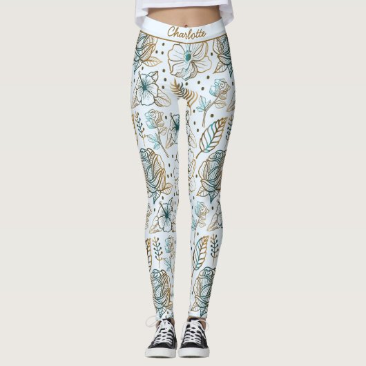 Farbenfrohe Blüte Blumenmuster personalisierter Na Leggings (Vorderseite)