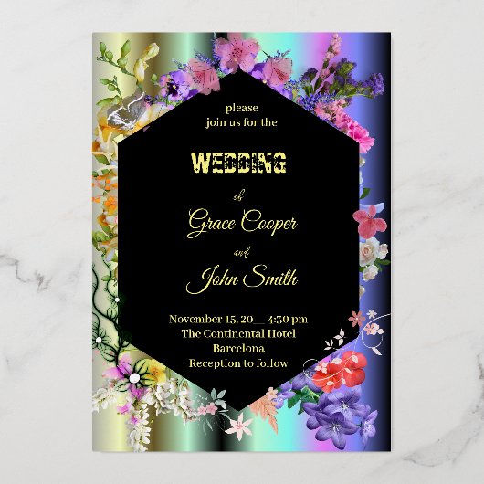 Farbenfrohe Blüte mit geometrischer Grenze Folieneinladung (Vorderseite)