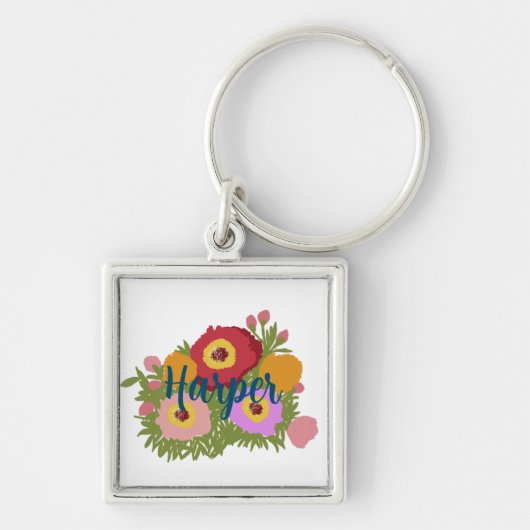 Farbenfrohe Blüte mit Individuelle Name Schlüsselanhänger (Vorne)